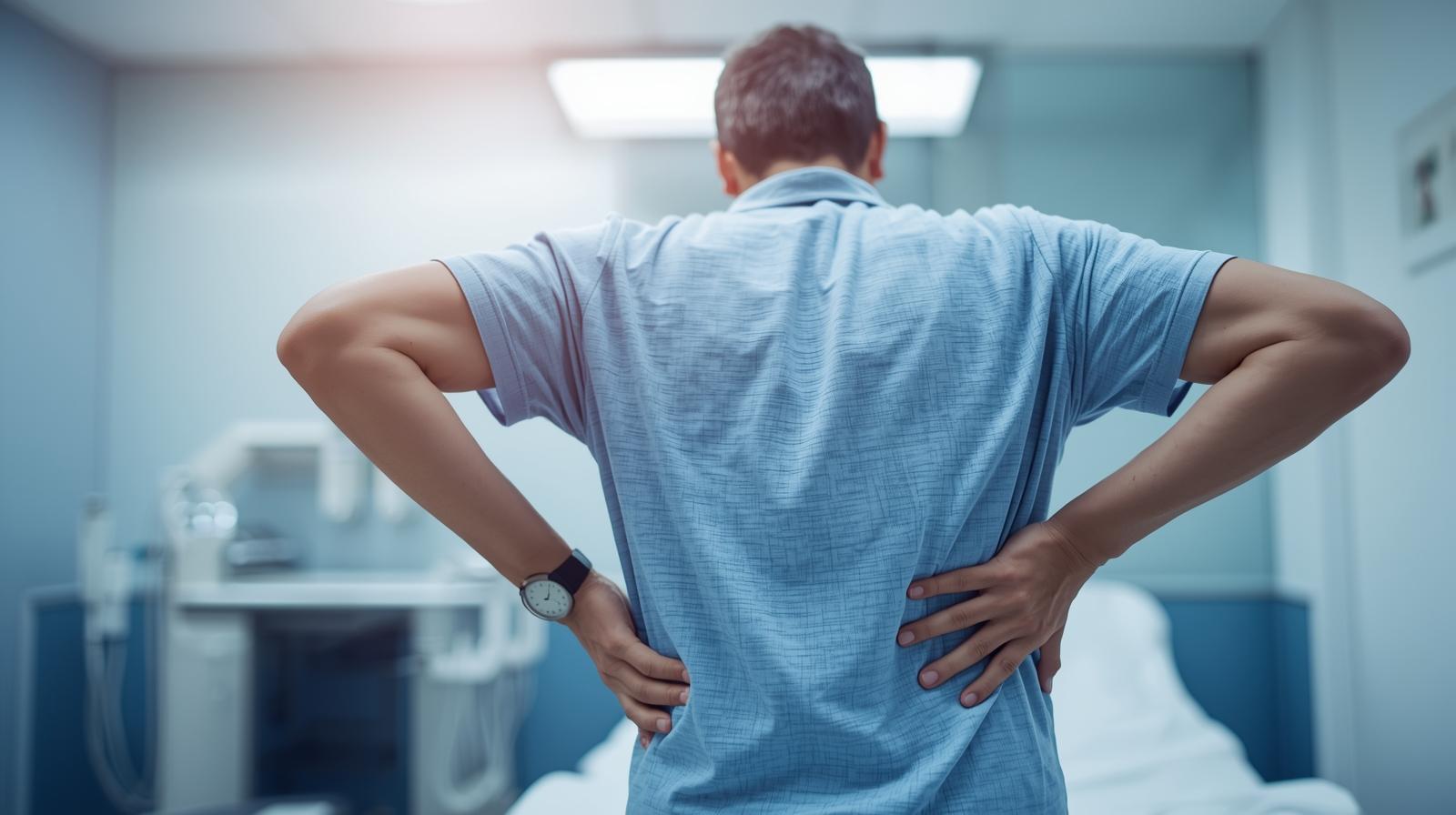 Generate An Image Of A Patient With Back Pain In A Clinical Setting